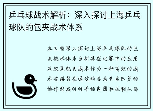 乒乓球战术解析：深入探讨上海乒乓球队的包夹战术体系